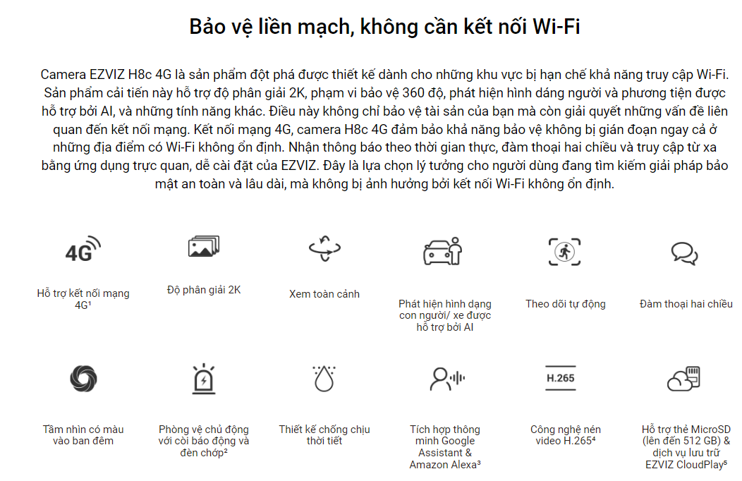 Mô tả Camera WI-FI EZVIZ  H8C 3MP SIM 4G Ngoài Trời, Báo Động Đàm Thoại 2 Chiều, Màu Ban Đêm, Báo động còi hú và đèn chóp - 2