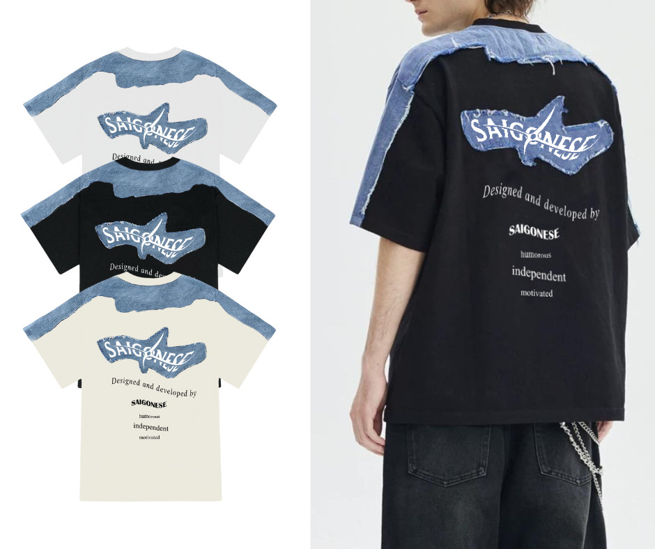 Mô tả Áo Thun Unisex SAIGONESE Vải Cotton Phối Jean Denim Hoạ Tiết Shuriken Form Rộng Unisex Nam Nữ 3 Màu - 2