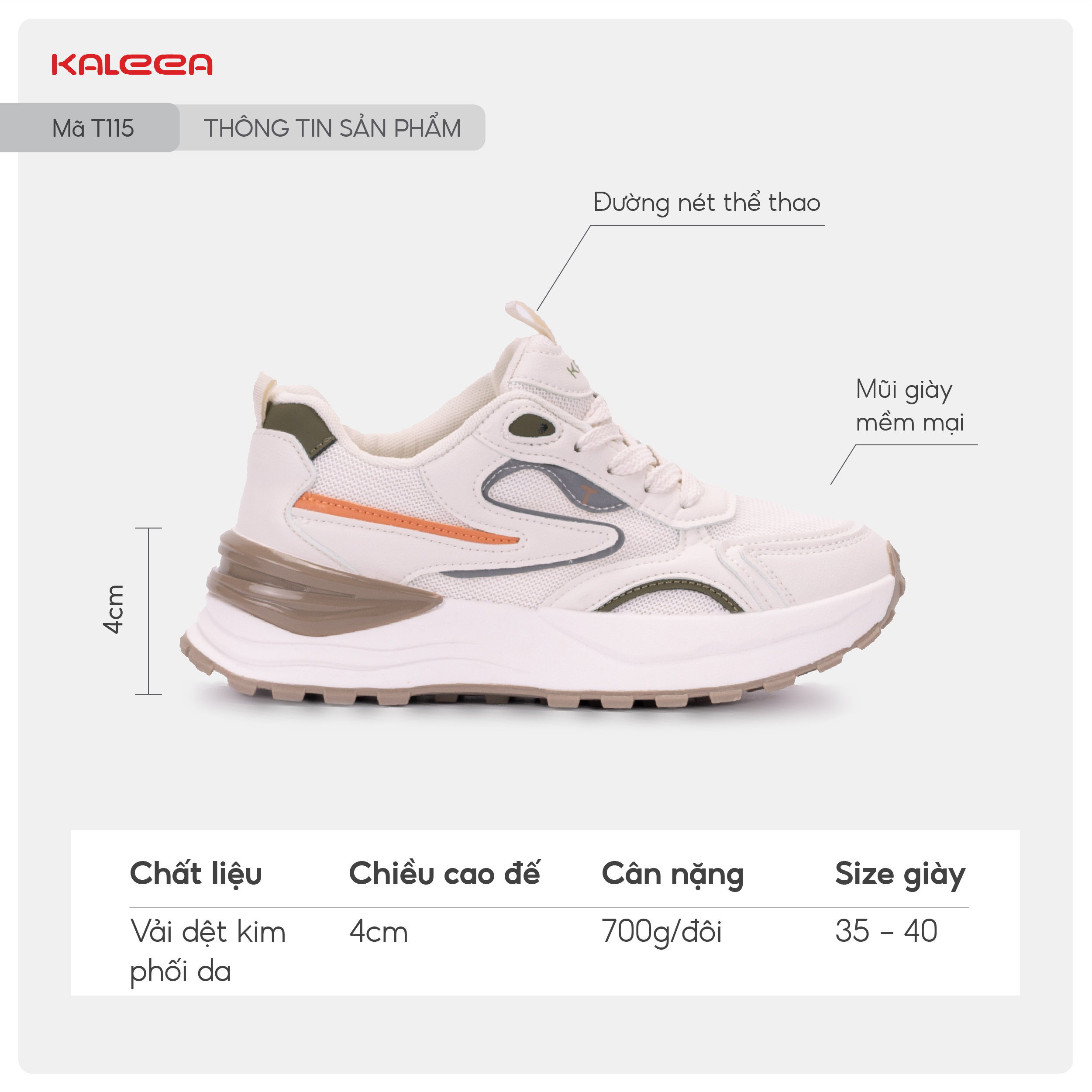 Mô tả Kaleea - Giày Thể Thao Nam/Nữ Phối Màu Đi Êm, Sneaker Thoáng Khí Đế Cao 4,5p - T115 - 1