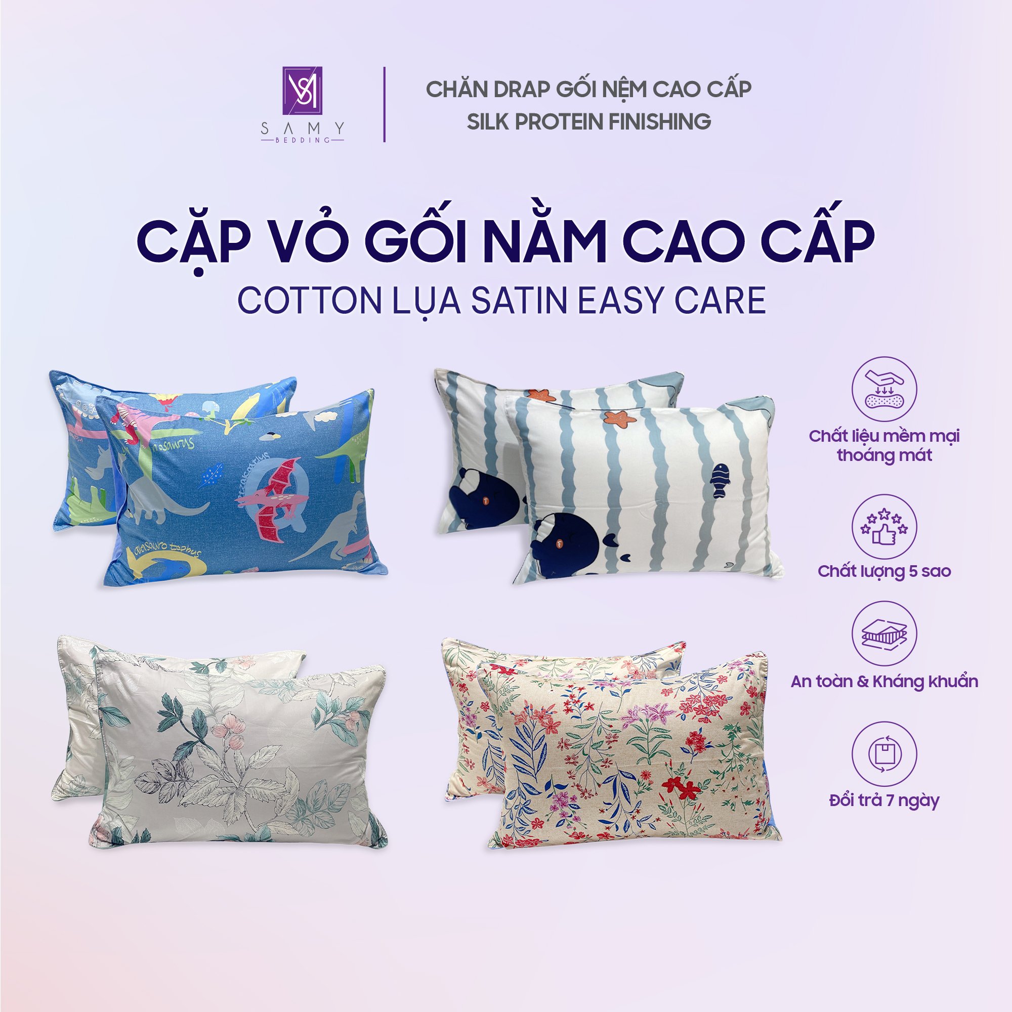 Mô tả Cặp Vỏ Gối Nằm Cotton Lụa Satin Hoa Văn Cao Cấp SAMY BEDDING Mềm Mại Thoáng Mát - 1