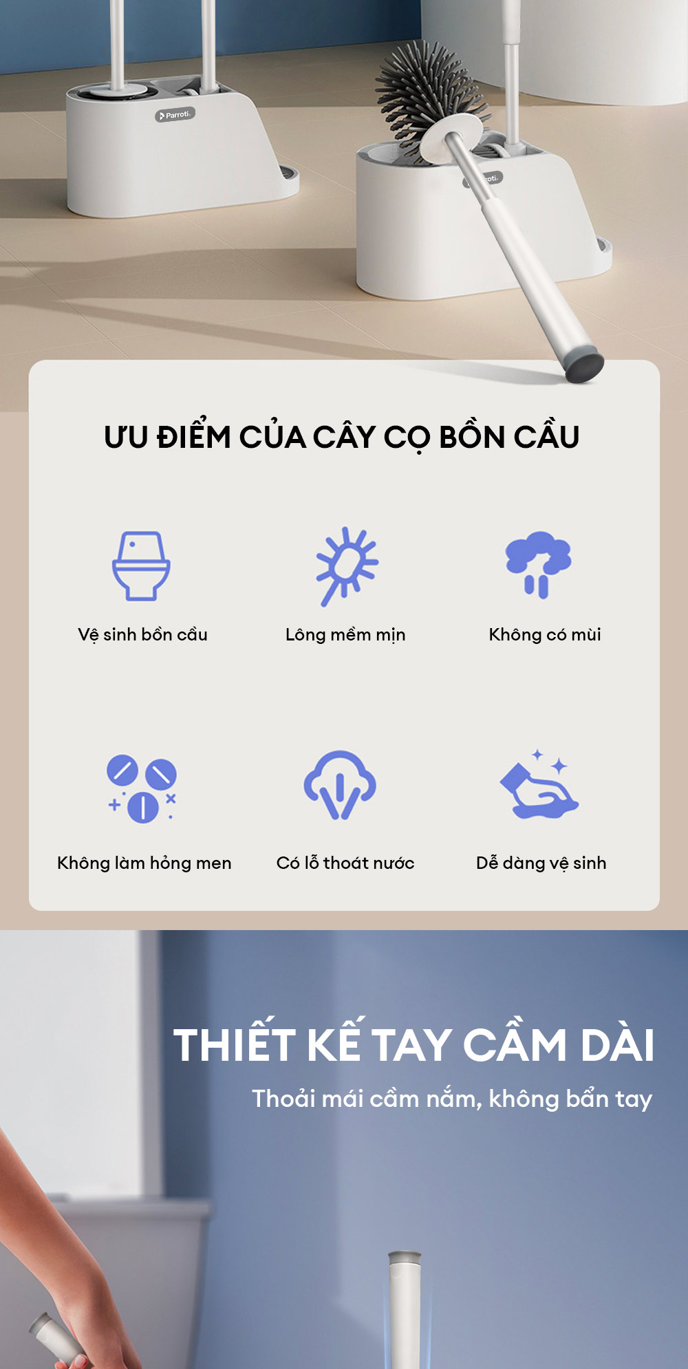 Mô tả Cọ bồn cầu, cọ toilet nhà vệ sinh 3 trong 1, có thể treo tường  Parroti Silicon SL02 - 3