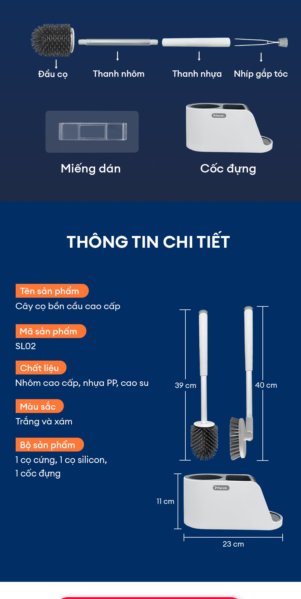 Mô tả Cọ bồn cầu, cọ toilet nhà vệ sinh 3 trong 1, có thể treo tường  Parroti Silicon SL02 - 11