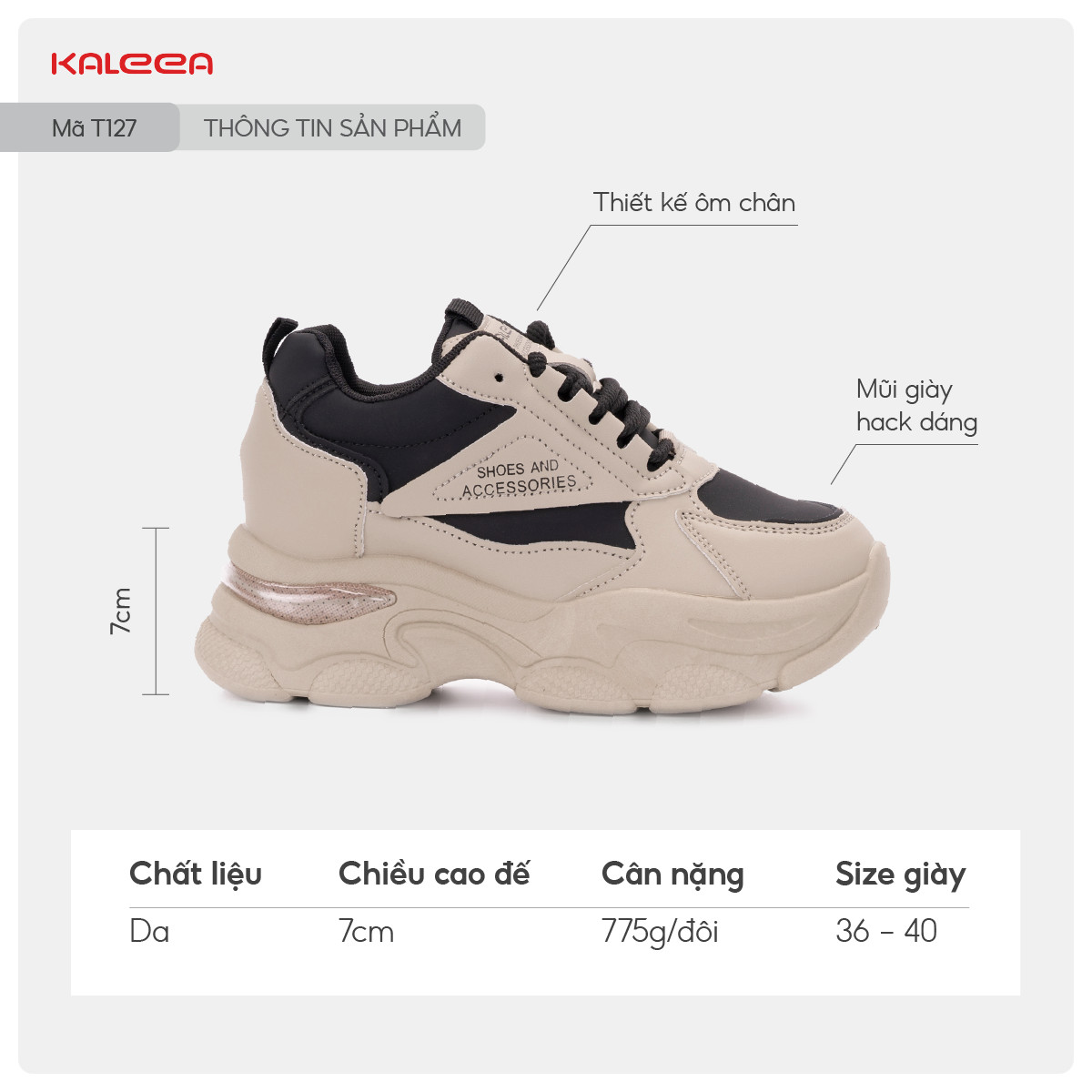 Mô tả Kaleea - Giày Thể Thao Nữ Độn Đế Cao 8p, Chất Da Mềm Đi Hack Dáng - T127 - 5