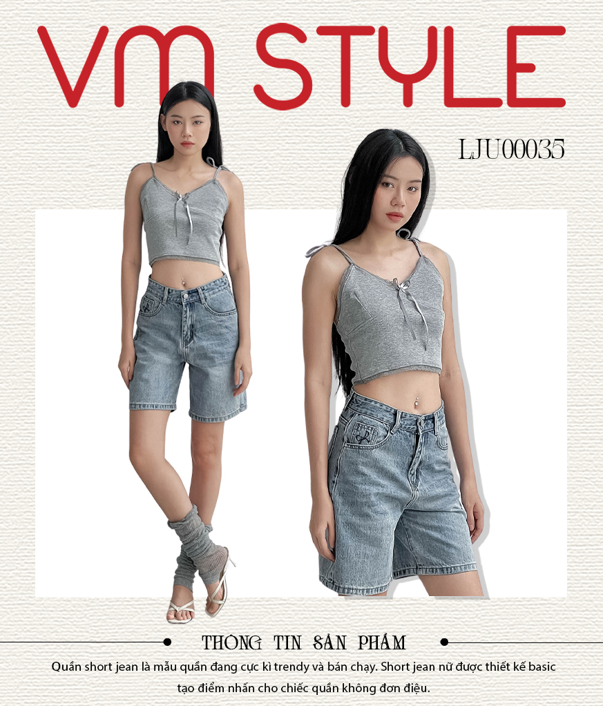 Mô tả Quần jean ngố cạp cao VMSTYLE Short jean ống rộng trơn túi thêu nơ đi học, đi chơi LJU00042 - 1