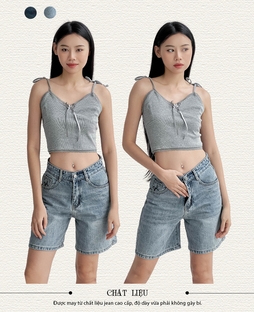 Mô tả Quần jean ngố cạp cao VMSTYLE Short jean ống rộng trơn túi thêu nơ đi học, đi chơi LJU00042 - 2