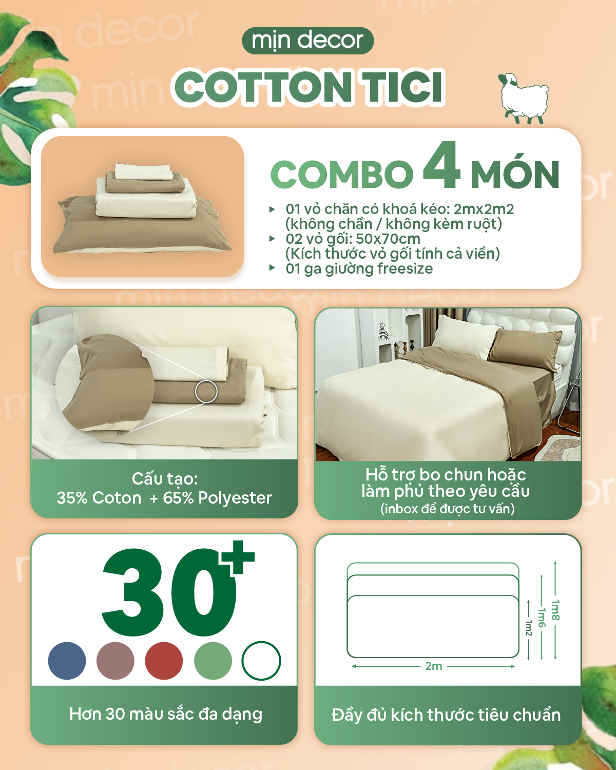 Mô tả Bộ Chăn Ga Gối Cotton Tici NoTag Mịn Decor Bo Chun 10cm, Phối Màu Pastel Basic Phong Cách Hàn Quốc, Hiện Đại - 1