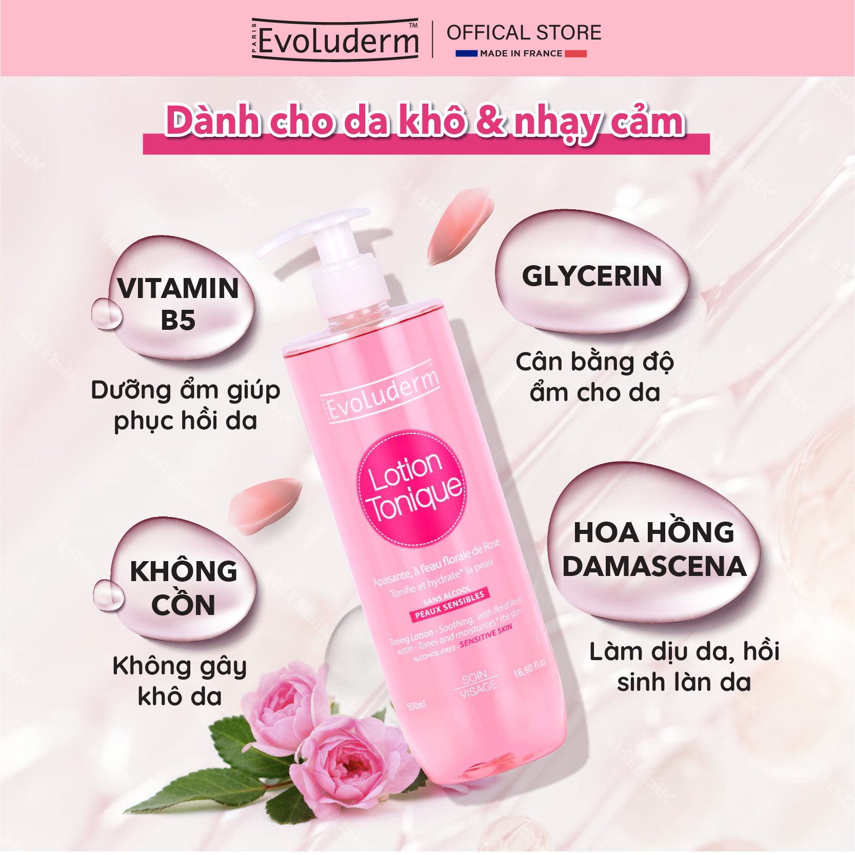 Mô tả Nước hoa hồng dưỡng ẩm và làm sạch cho da nhạy cảm Evoluderm Lotion Tonique 500ml - 2