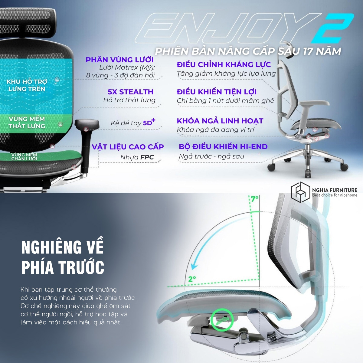 Mô tả Ghế công thái học Nghia Furniture Ergohuman Enjoy 02, Lưới Matrex Mỹ, piston class 4, ngả ghế 138 độ - 3