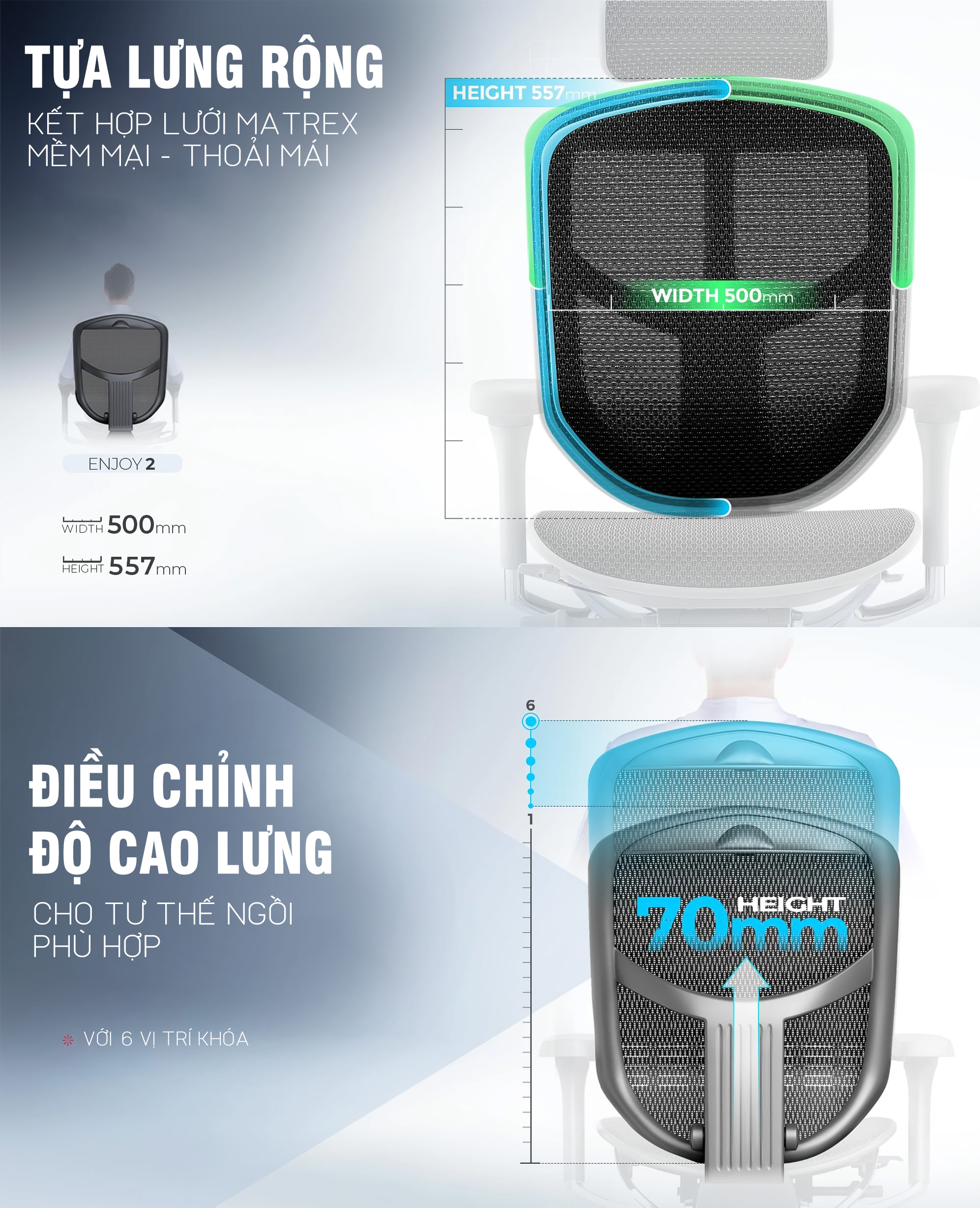 Mô tả Ghế công thái học Nghia Furniture Ergohuman Enjoy 02, Lưới Matrex Mỹ, piston class 4, ngả ghế 138 độ - 5