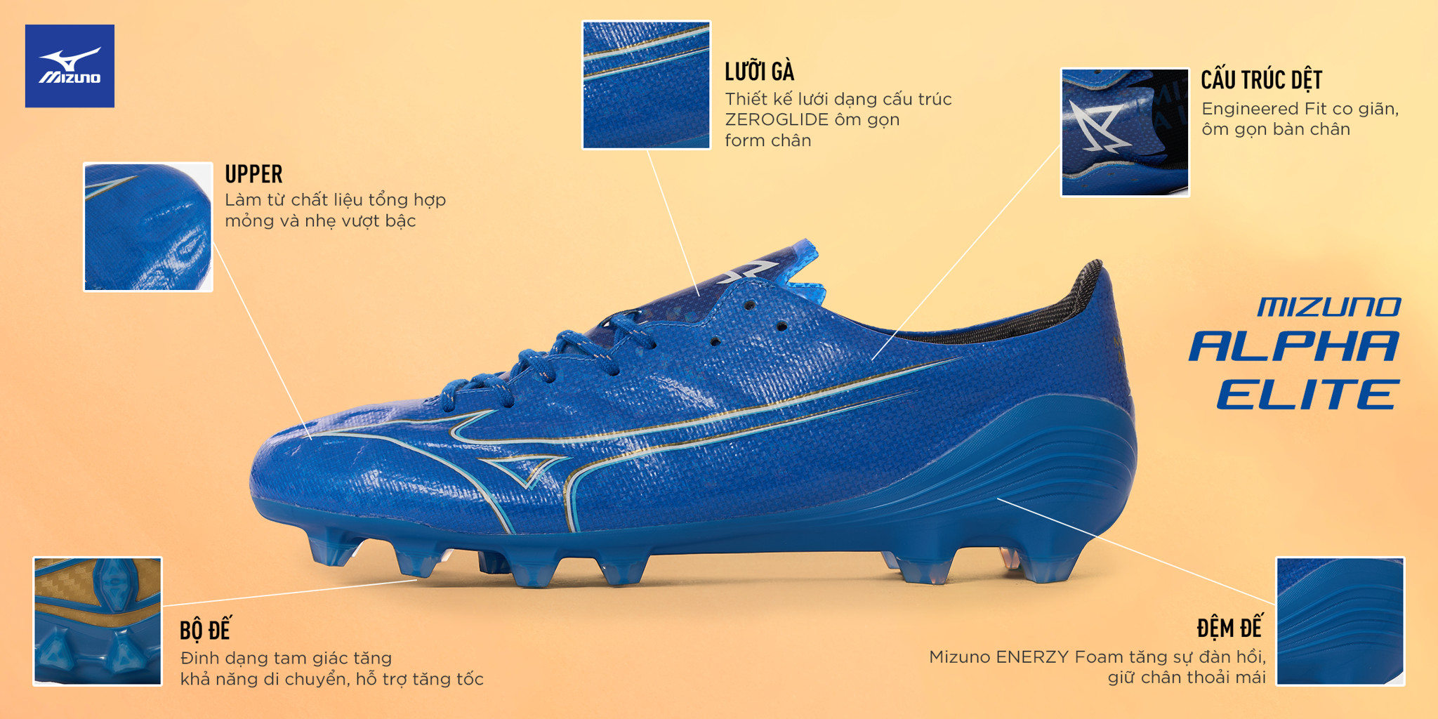 Mô tả Giày đá bóng sân cỏ tự nhiên Mizuno Alpha Elite, trọng lượng nhẹ, upper mềm mại, giảm chấn tốt, đế bám sân tốt - 2