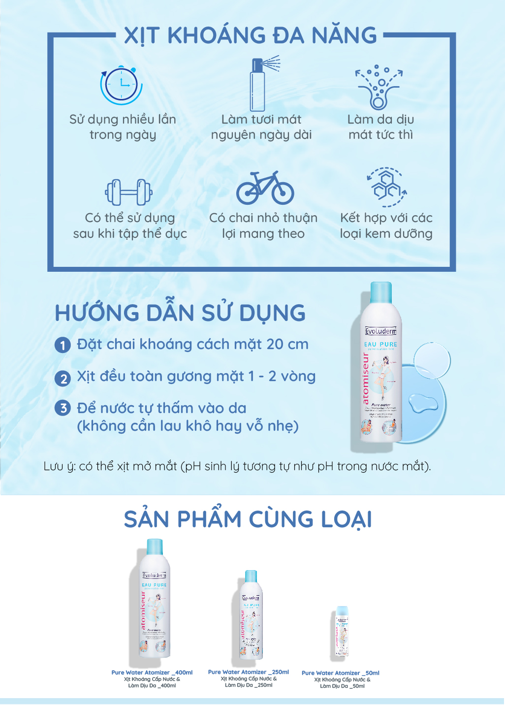 Mô tả Nước Xịt khoáng Evoluderm Atomiseur Eau Pure dưỡng ẩm, làm dịu da 50ml, 150ml, 400ml - 4