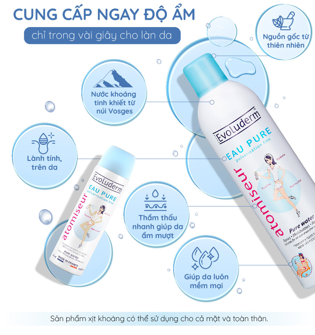 Mô tả Nước Xịt khoáng Evoluderm Atomiseur Eau Pure dưỡng ẩm, làm dịu da 50ml, 150ml, 400ml - 3