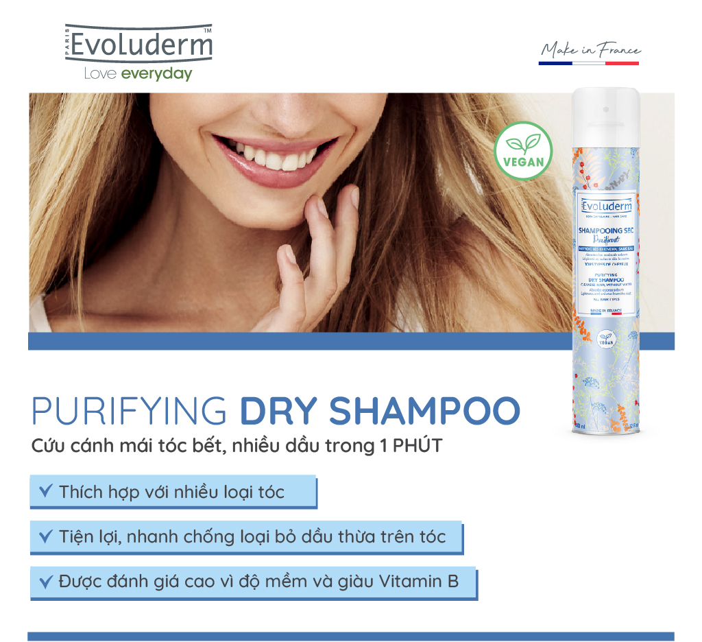 Mô tả Dầu gội đầu khô Evoluderm cho da dầu làm sạch tóc cho mái tóc bồng bềnh hương thơm quyến rũ 200ml - 1