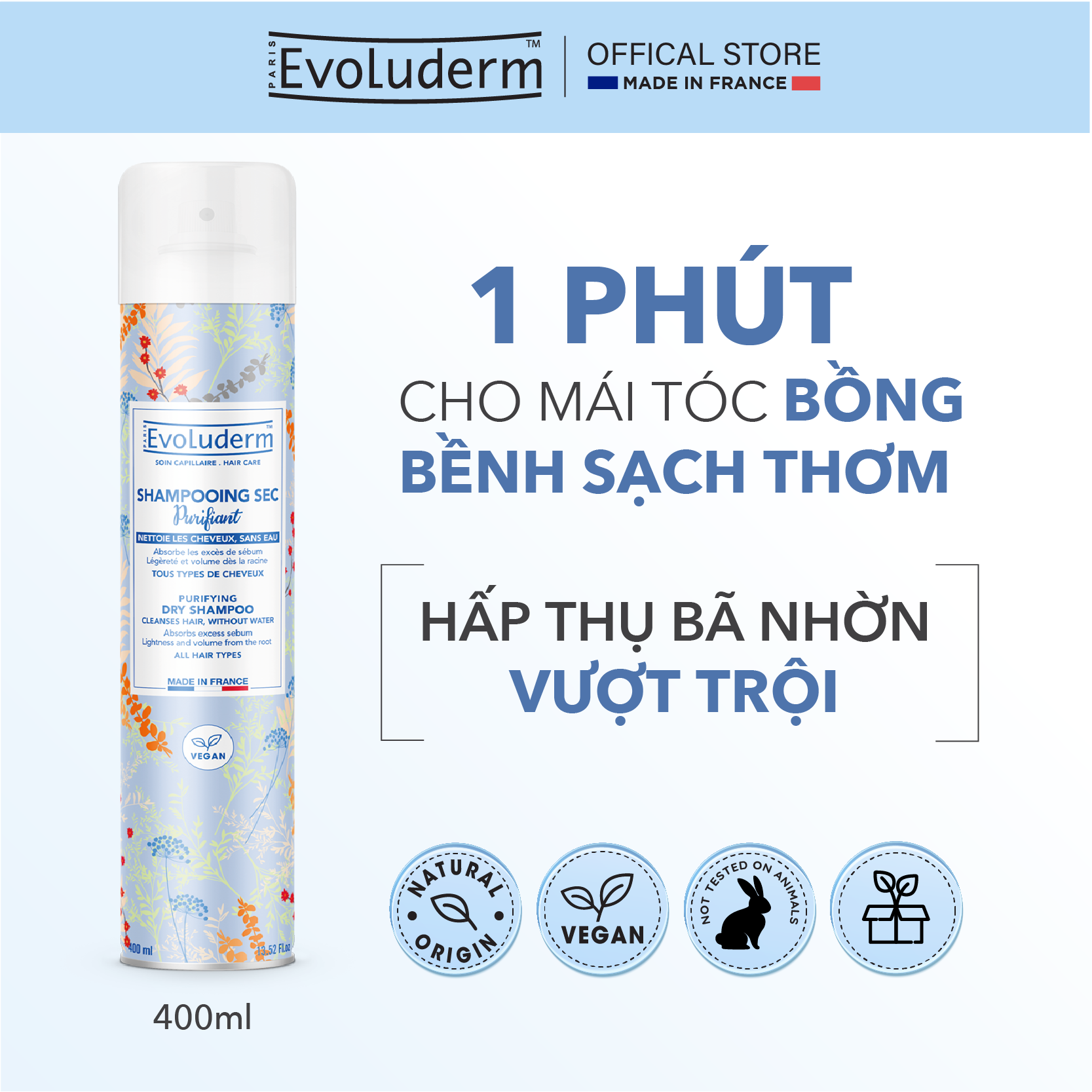 Mô tả Dầu gội khô Evoluderm không xả lại với nước làm sạch tóc và da đầu cho mái tóc bồng bềnh hương thơm quyến rũ 400ml - 2