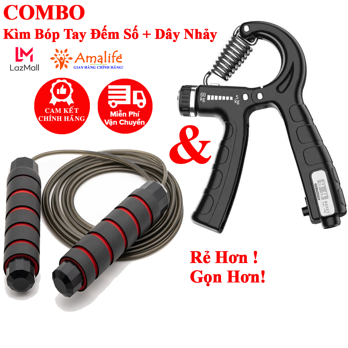 Mô tả COMBO Kìm Bóp Tay Đếm Số 5 – 60kg và Dây Nhảy Lõi Thép Cao Cấp Chính Hãng Amalife - 1