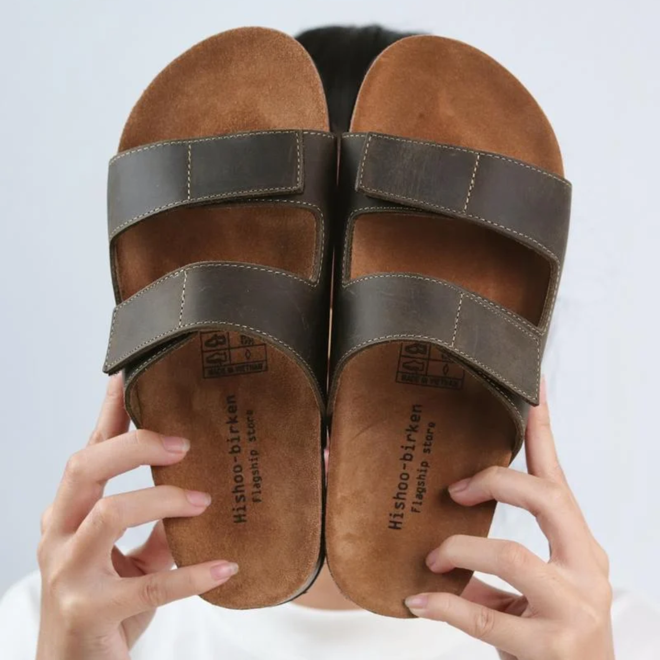 Mô tả Dép đế trấu birken nam nữ unisex quai ngang đi học công xở xé dán da Bò bigsize chính hãng Hishoo VNXK  M105 - 9