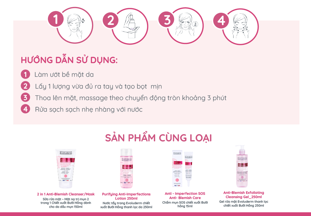 Mô tả Gel rửa mặt dành cho da dầu mụn hỗn hợp Evoluderm chiết xuất hoa cúc, bưởi hồng và kẽm 250ml - 4