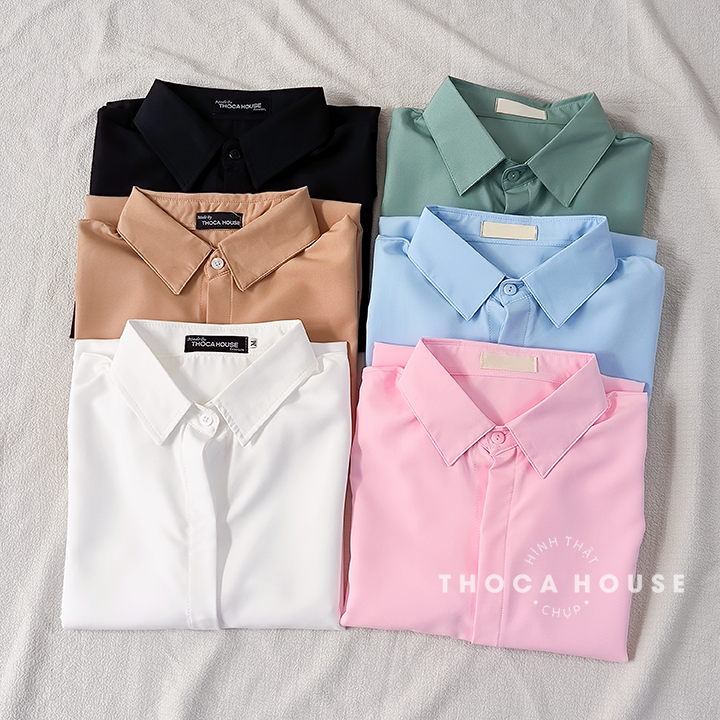 Mô tả Áo sơ mi nữ dài tay trắng, đen dáng suông giấu nút THOCA HOUSE sơ mi công sở vải lụa chéo mềm mịn - 6