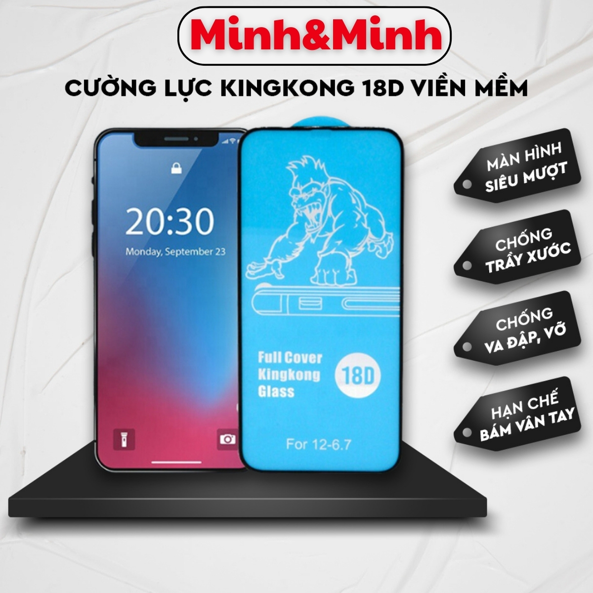 Mô tả Kính Cường Lực iphone18D KTM,chống vỡ vền, full màn 6plus/7/8/7plus/8plus/x/xs/xsmax/11/12/13/14/pro/promax 15promax - 1