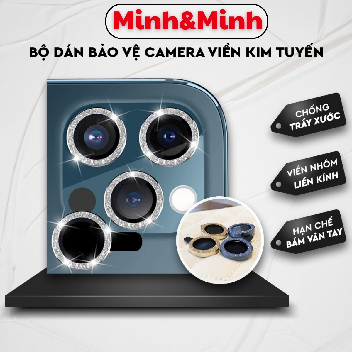 Mô tả Bộ mắt nhũ dán bảo vệ camera iphone KTM , 11 promax , 12, 13, 14 pro max,viền kim tuyến mặt kính cường lực. - 1