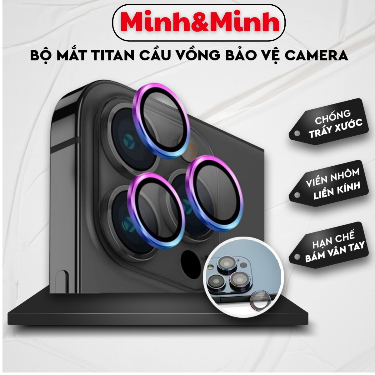 Mô tả Bộ mắt Titan dán bảo vệ camera iphone KTM, 11 promax , 12, 13, 14 pro max,viền nhôm cầu vồng mặt kính cường lực - 1