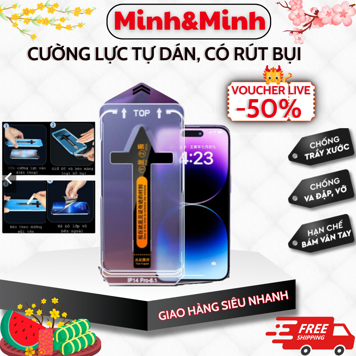 Mô tả Kính cường lực iphone tự lấy bụi KTM,có khung tự dán và bảo vệ màng loa 11 12 13 pro max  14 15promax - 1