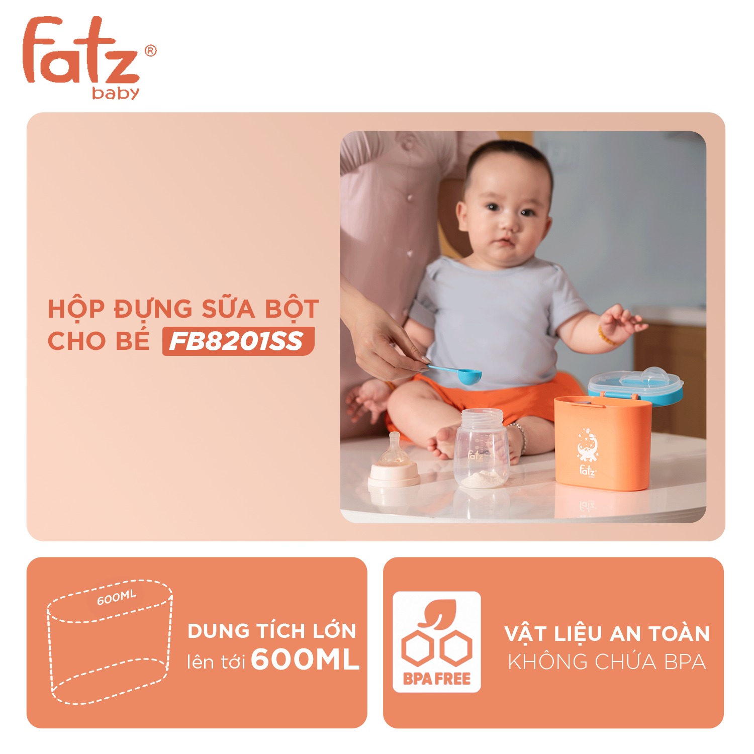 Mô tả Hộp đựng sữa bột, ngũ cốc, bánh ăn dặm cho bé 600ml FATZBABY FB8201SS nhựa PP không chứa BPA, an toàn và không mùi - 1