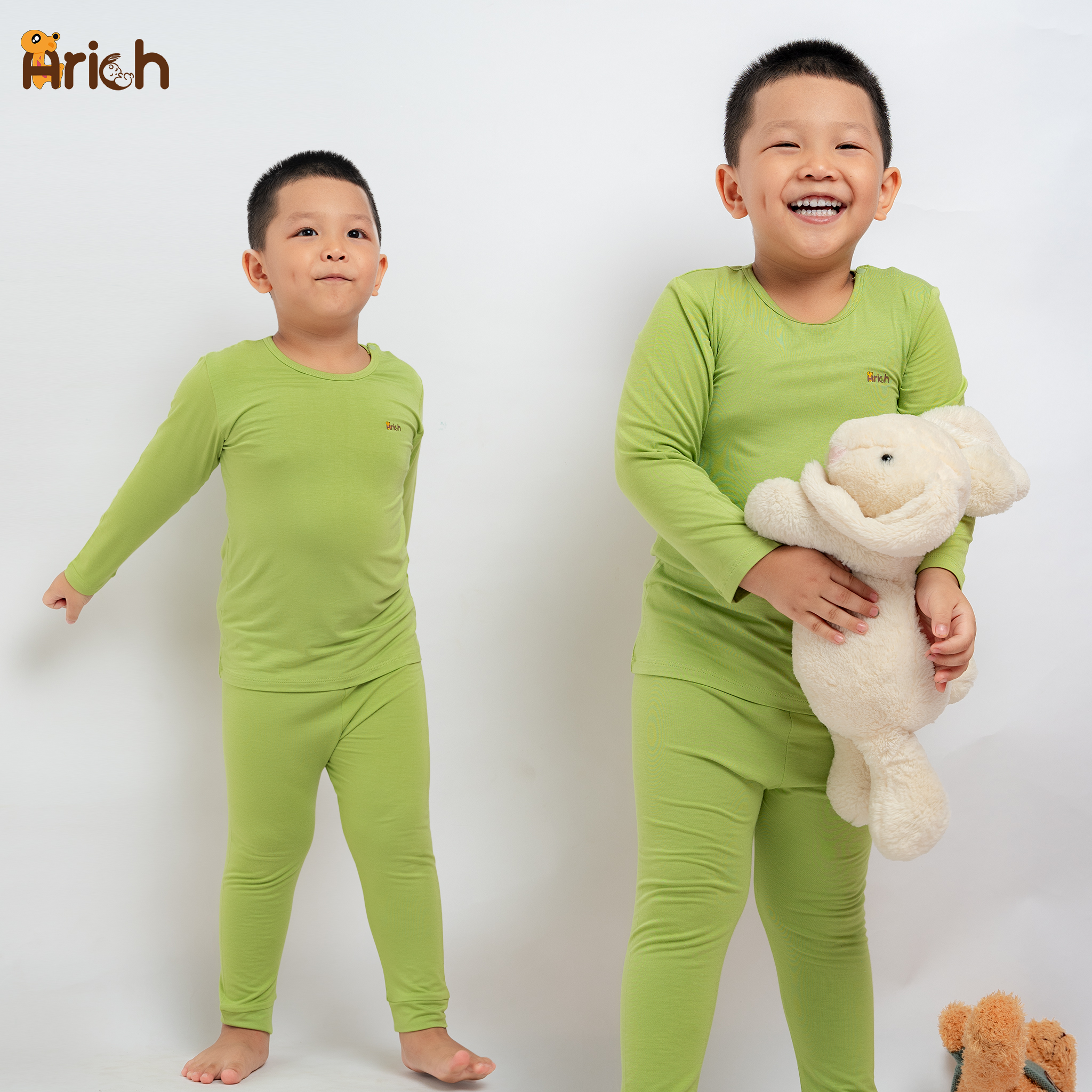 Mô tả Bộ dài tay cài vai Arich vải sợi tre mềm mát,màu trơn cho bé trai, bé gái từ 6 tháng đến 6 tuổi - 1