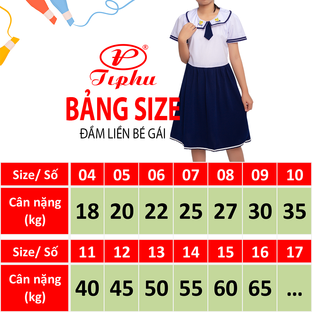 Mô tả Áo đầm bé gái tiểu học, cổ viền phối xanh lính thuỷ cute, tùng váy xéo và xếp ly, bigsize tới 65kg - 1