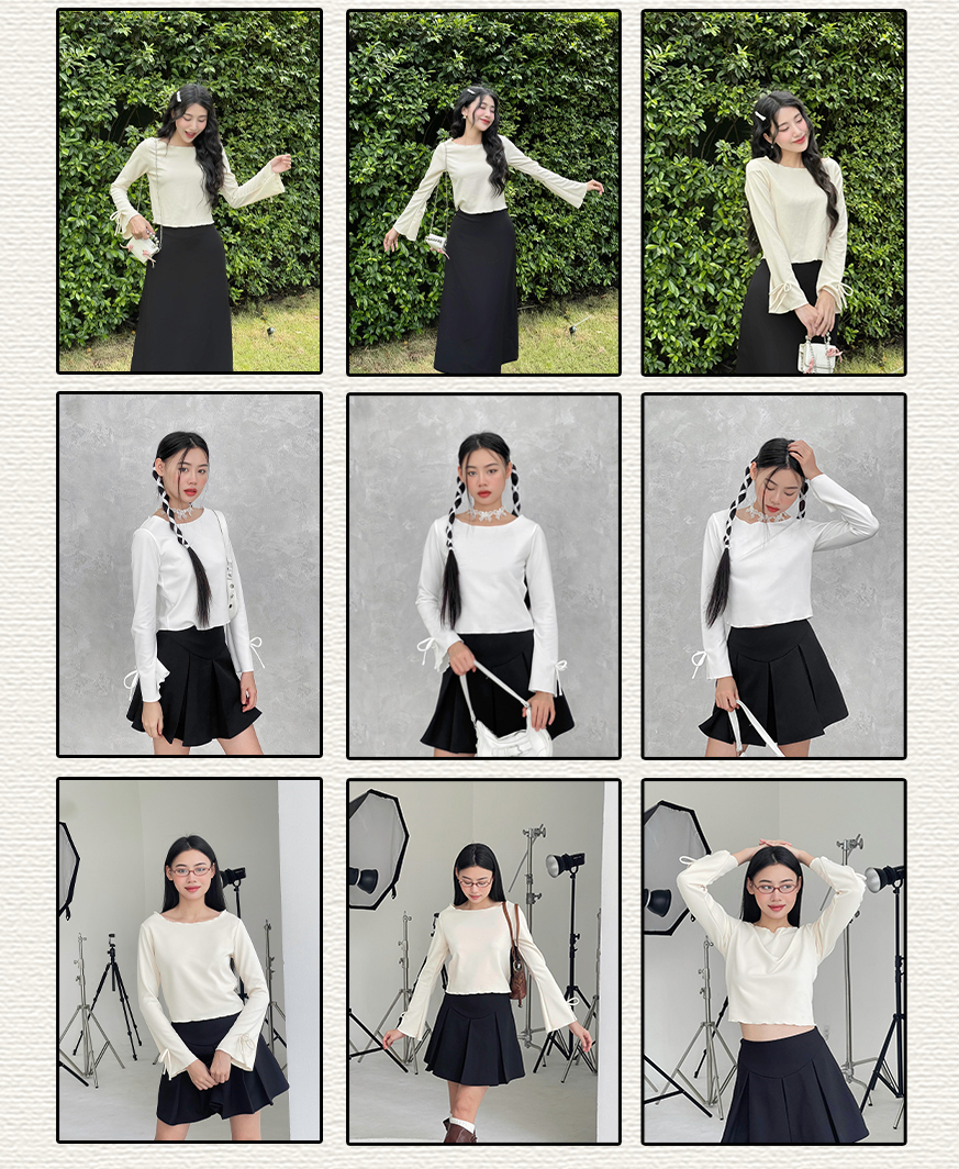 Mô tả Áo kiểu nữ tay dài VMSTYLE dáng ôm tay loe nơ trơn nhiều màu basic, đi học, đi làm, đi chơi ASU00551 - 5