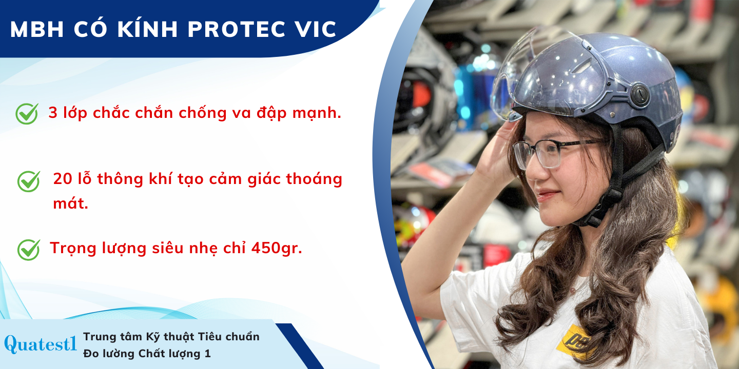 Mô tả Nón bảo hiểm 1/2 đầu có kính Protec VIC, size lớn, độ che phủ sâu hơn - 1