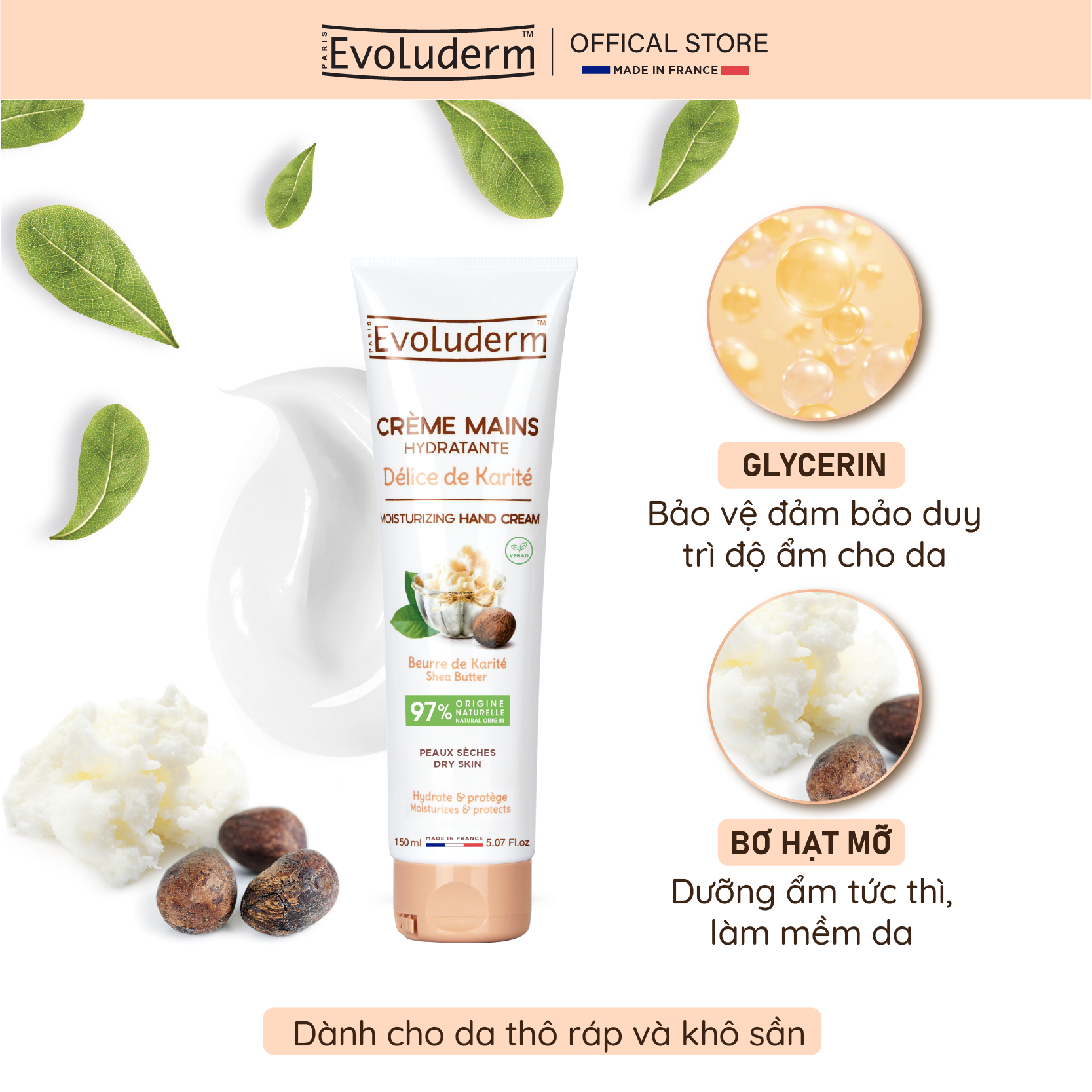 Mô tả Kem dưỡng ẩm làm mềm bảo vệ da tay Evoluderm chiết xuất Bơ Hạt Mỡ Karite 150ml - 2