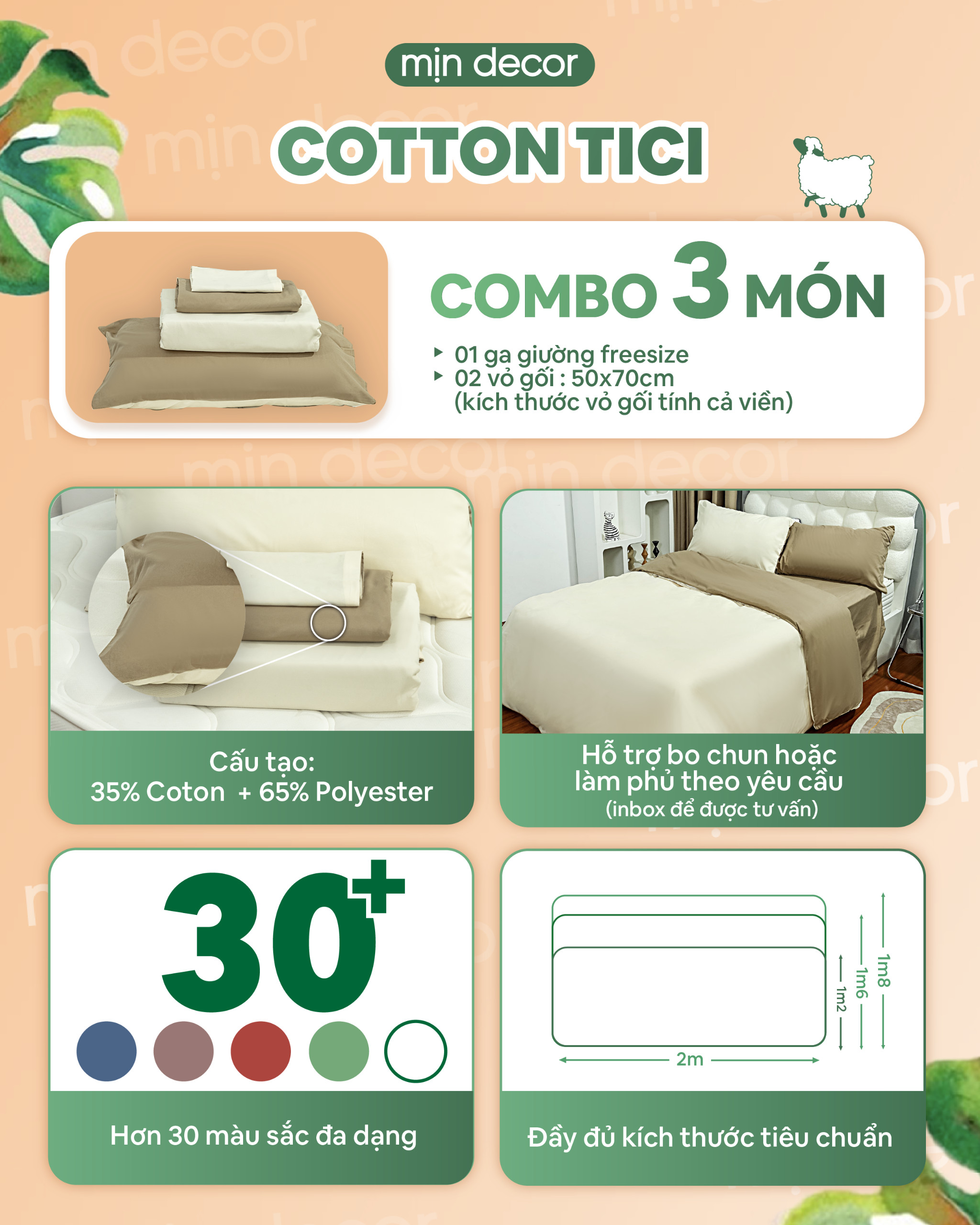 Mô tả Bộ Ga Gối Cotton Tici Tag Mịn Decor Bo Chun 10cm, Drap Trải Nệm Đủ Size 1m2 Đến 2m2 - Màu Trơn Basic - 1
