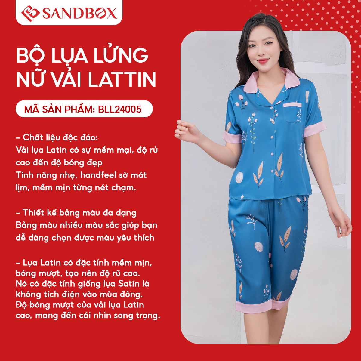 Mô tả Đồ Bộ Nữ SANDBOX Pijama Lửng Chất Lụa Latin Cao Cấp Áo Cộc Tay Quần Lửng Họa Tiết Tinh Tế - BLL24005 - 5
