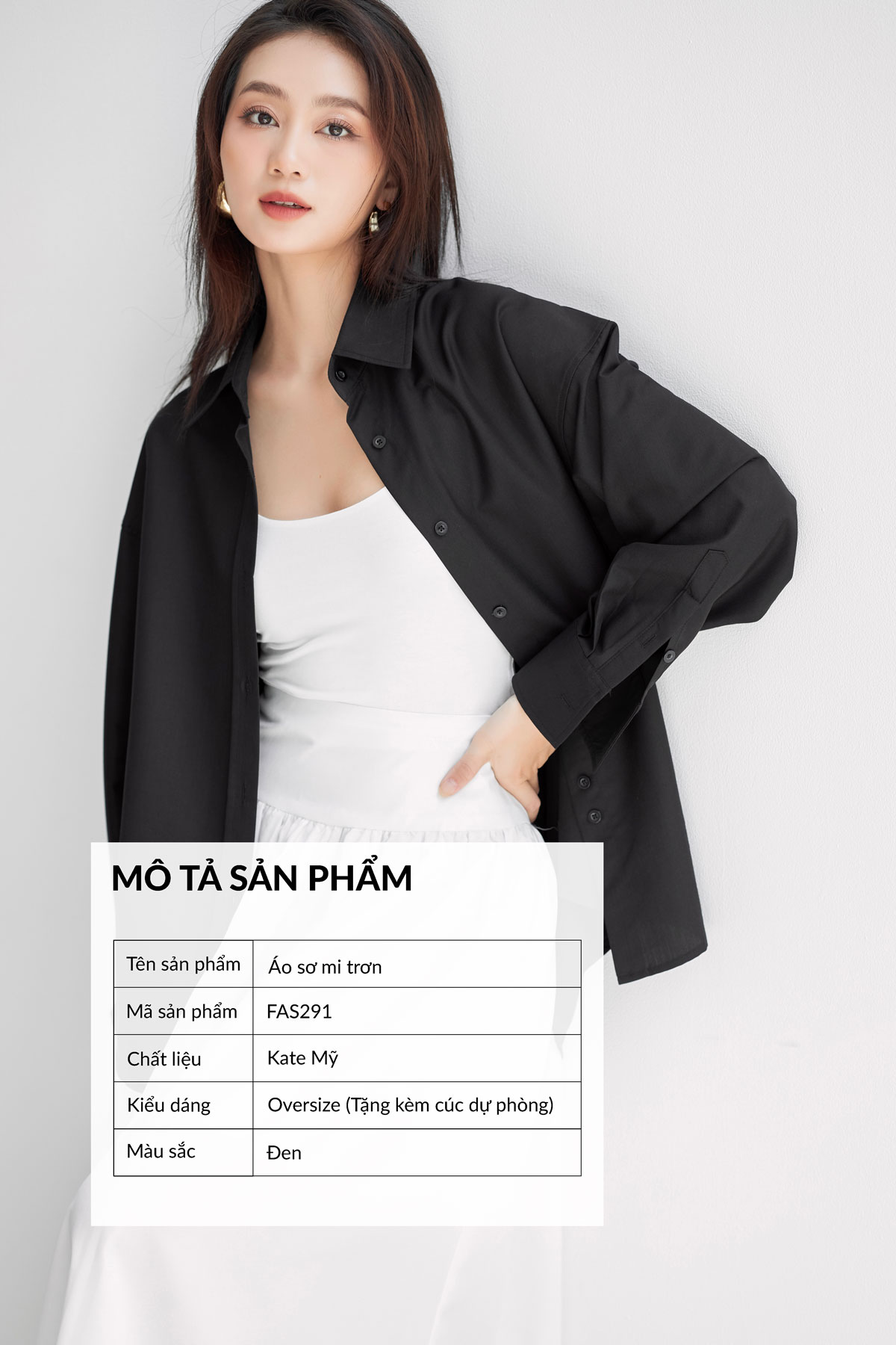 Áo sơ mi đen nữ GILLEE dáng oversized