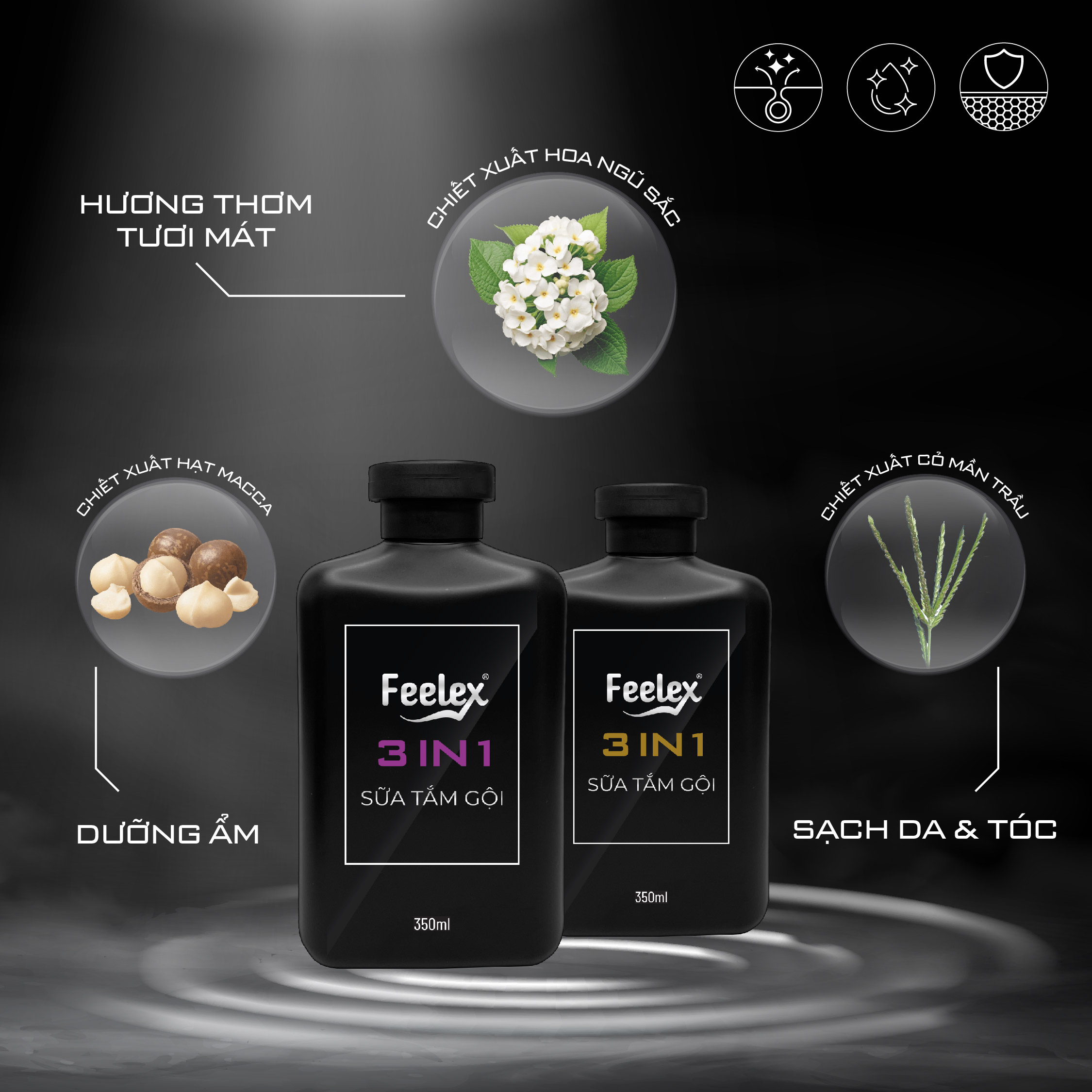 Mô tả Sữa tắm gội nam giới 3 in 1 Feelex all in one - quyến rũ - mạnh mẽ nam tính - 3