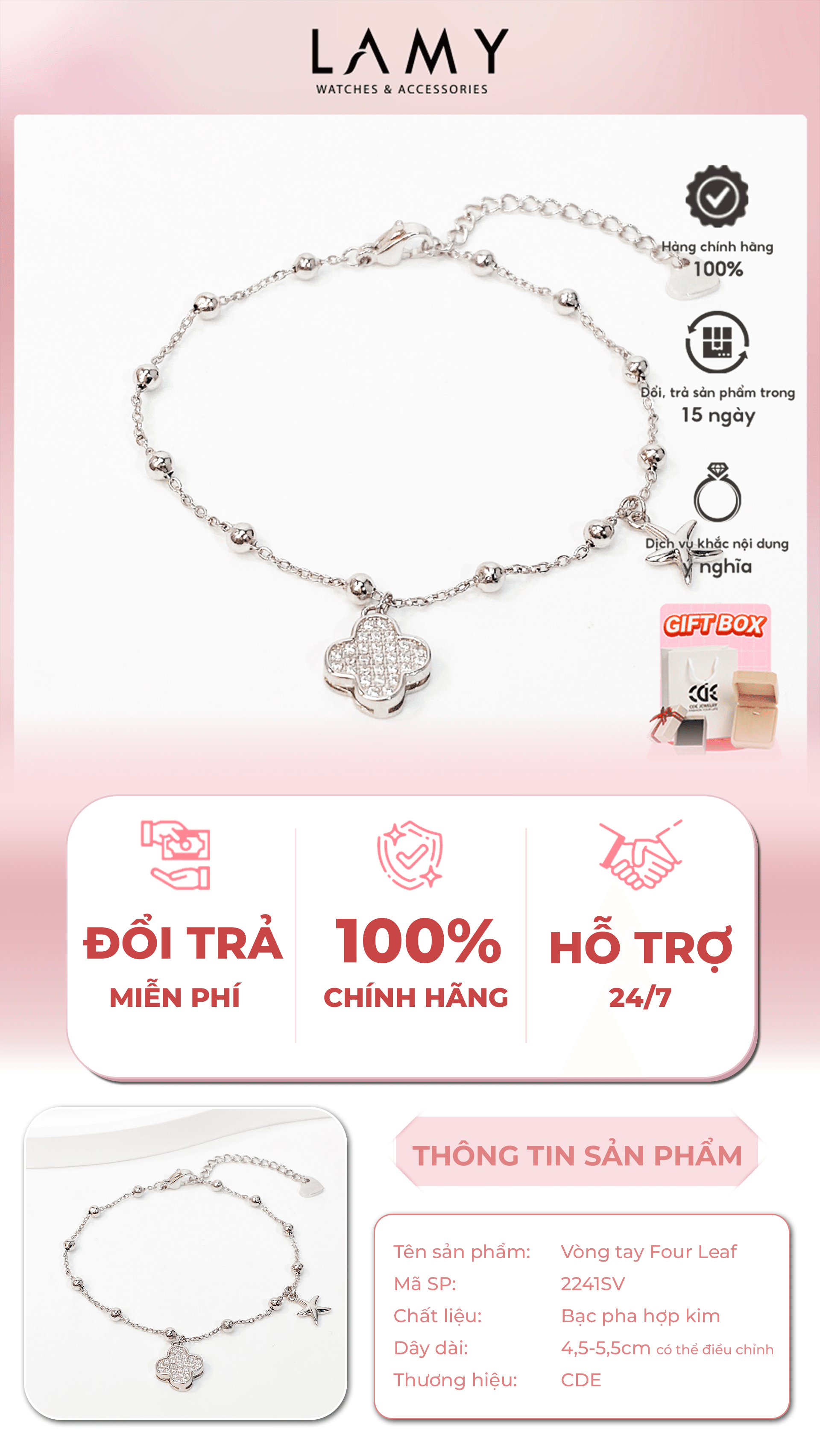Mô tả Vòng tay nữ CDE Lucky Four Leaf Star Silver Bracelet CDE2241 - 2