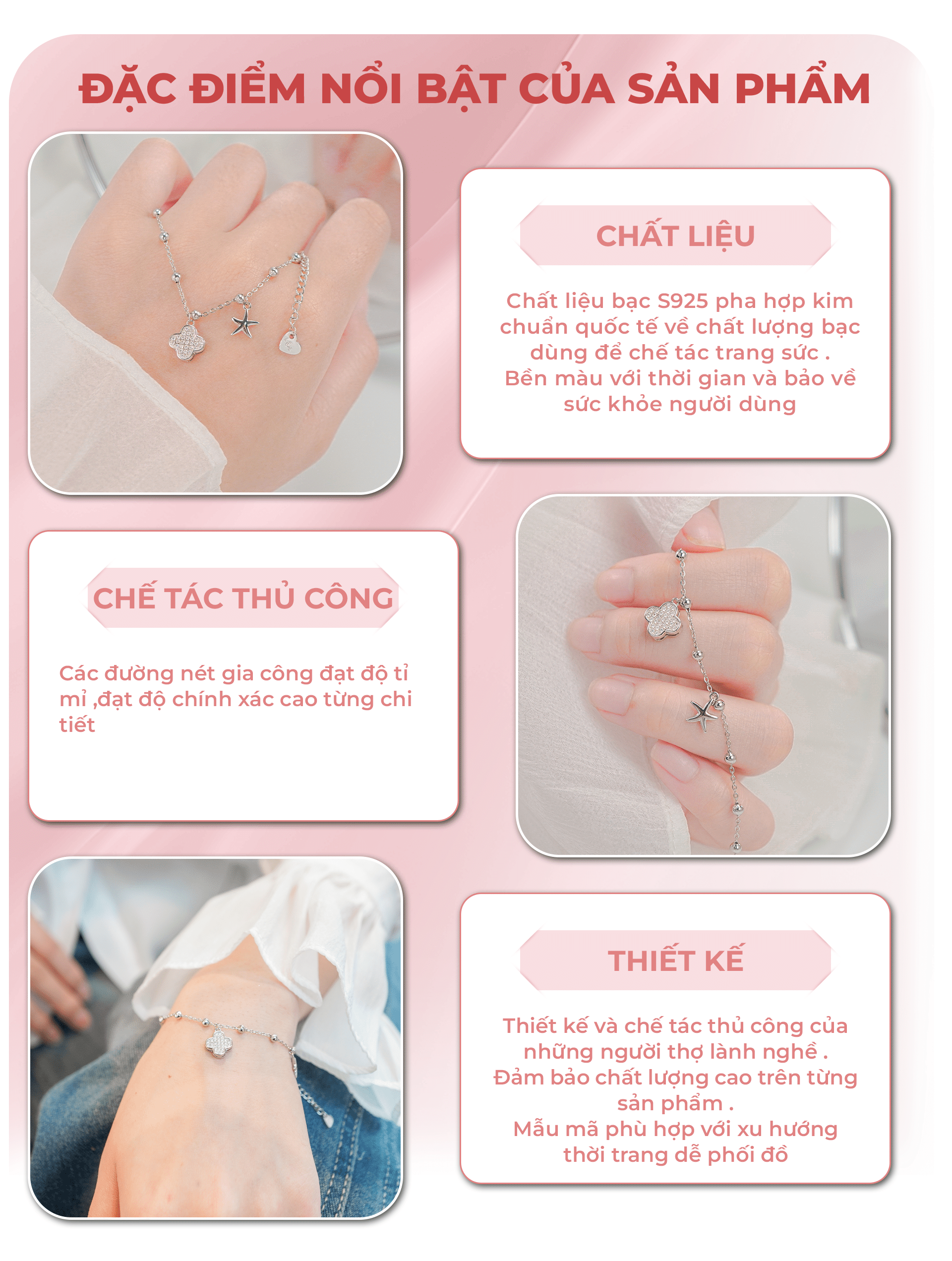 Mô tả Vòng tay nữ CDE Lucky Four Leaf Star Silver Bracelet CDE2241 - 3