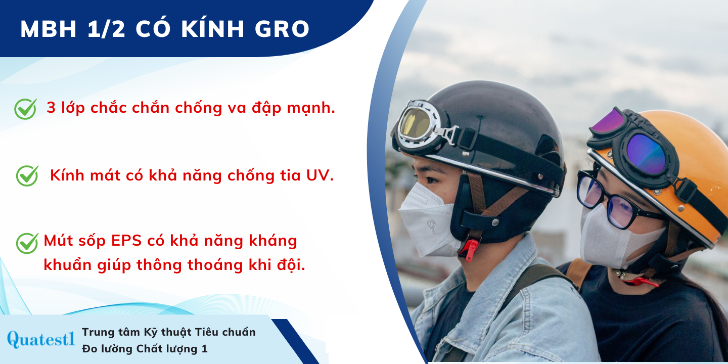 Mô tả Mũ bảo hiểm nửa đầu thời trang, cao cấp GRO nhiều màu, kèm kính UV, phi công freesize 55-61cm - 1