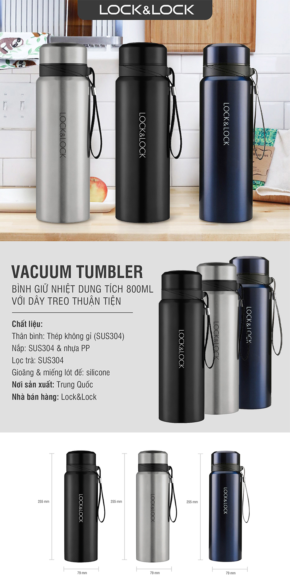 Mô tả Bình Giữ Nhiệt Thép Không Gỉ có dây treo Lock&Lock Vacuum Bottle (800ml) LHC6180 - 1