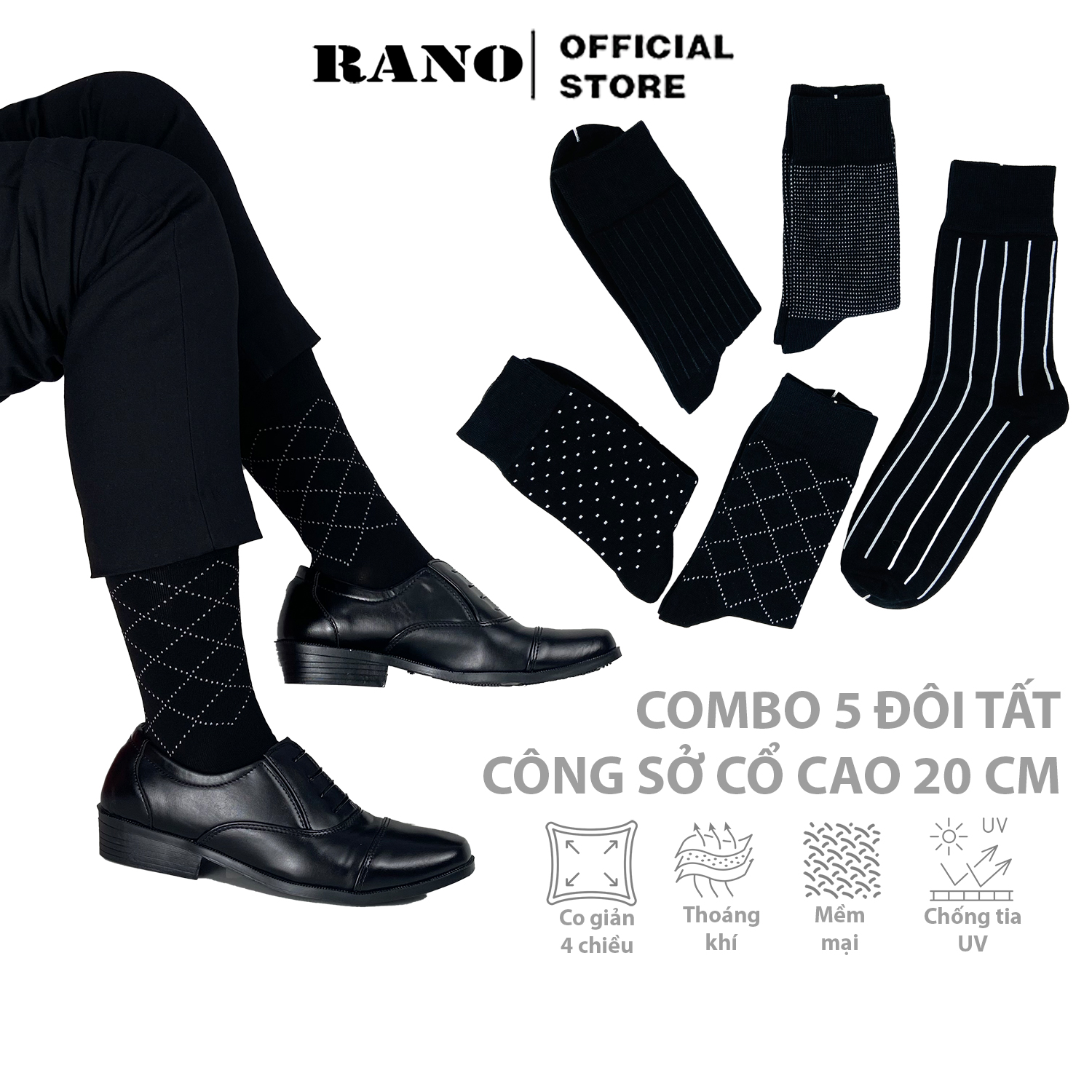Mô tả Set 5 đôi tất mang giày tây nam cổ cao RANO sợi cotton cao cấp thấm hút mồ hôi khử mùi Mix5_1 - 1