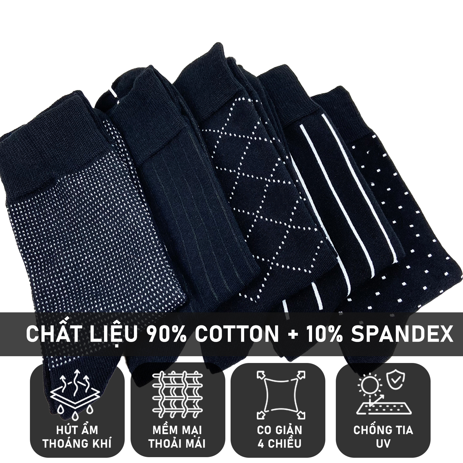 Mô tả Set 5 đôi tất mang giày tây nam cổ cao RANO sợi cotton cao cấp thấm hút mồ hôi khử mùi Mix5_1 - 3