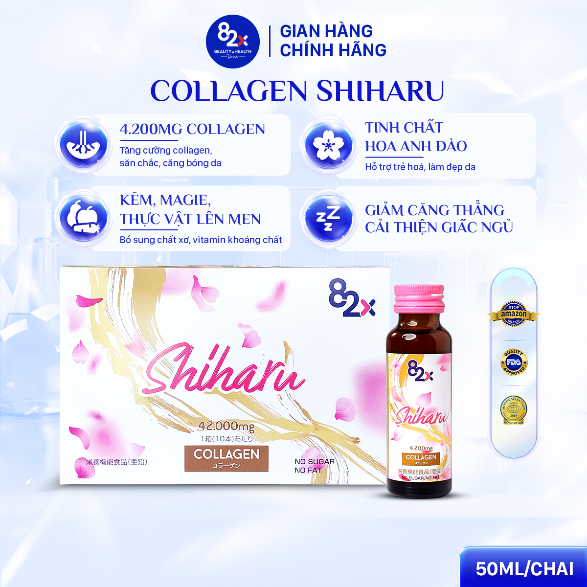 Mô tả Combo 3 Hộp Nước Uống Collagen 82X Shiharu - Hỗ Trợ Làm Đẹp Da, Cấp Ẩm, Trẻ Hoá Da 10 lọ/Hộp - 1