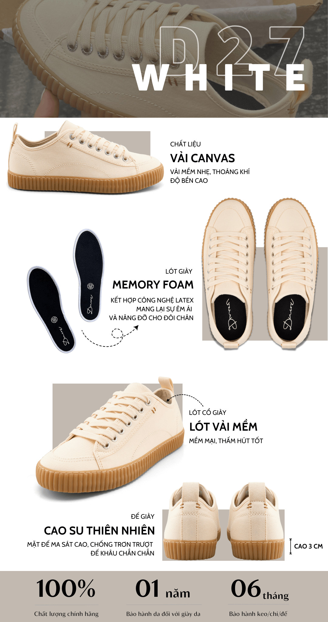 Mô tả Giày Sneaker Vải Canvas Unisex D27 White DINCOX Đơn Giản Hiện Đại - 1