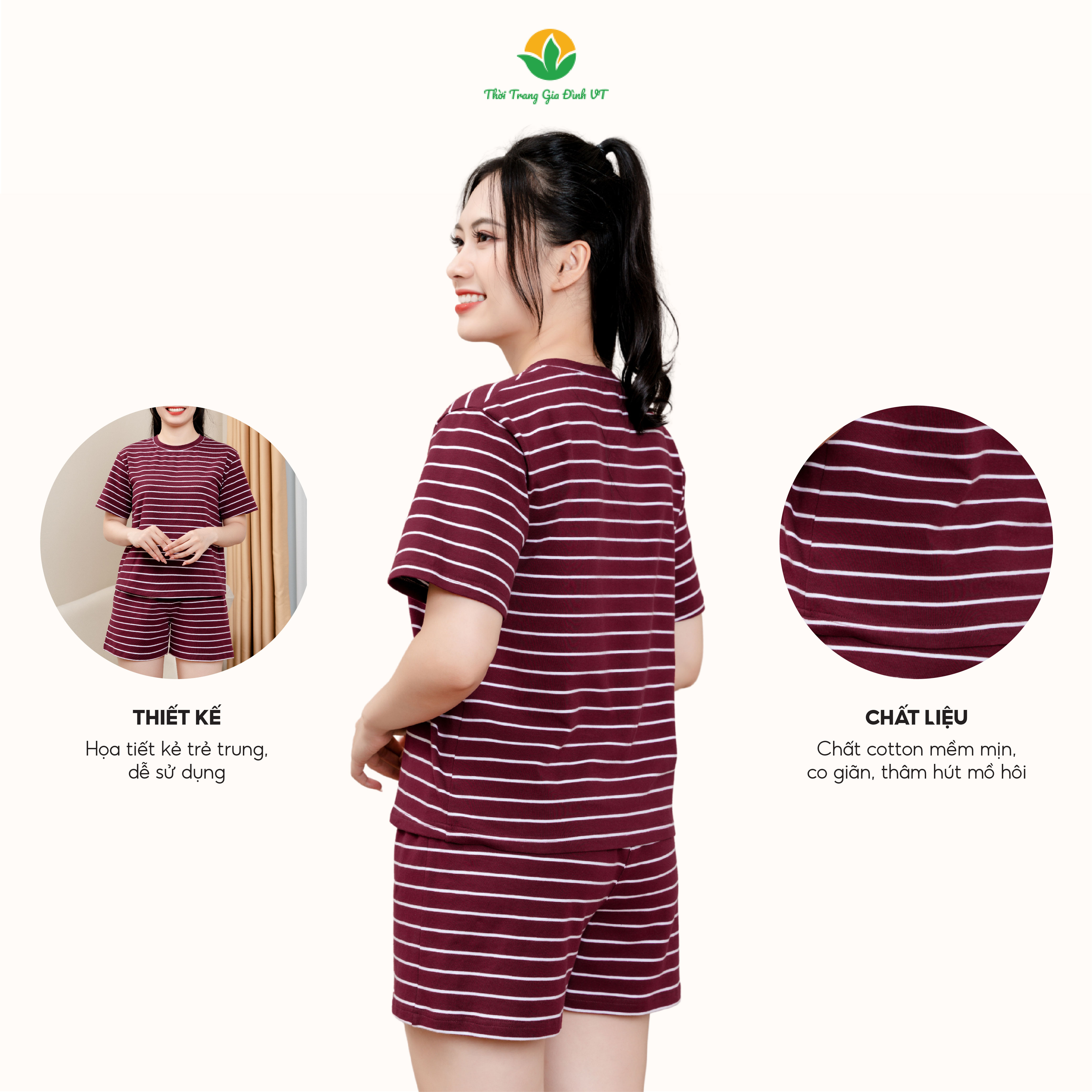 Mô tả Bộ đùi nữ chất cotton thời trang Việt Thắng áo cộc tay quần đùi kẻ sọc - B43.2407 - 3