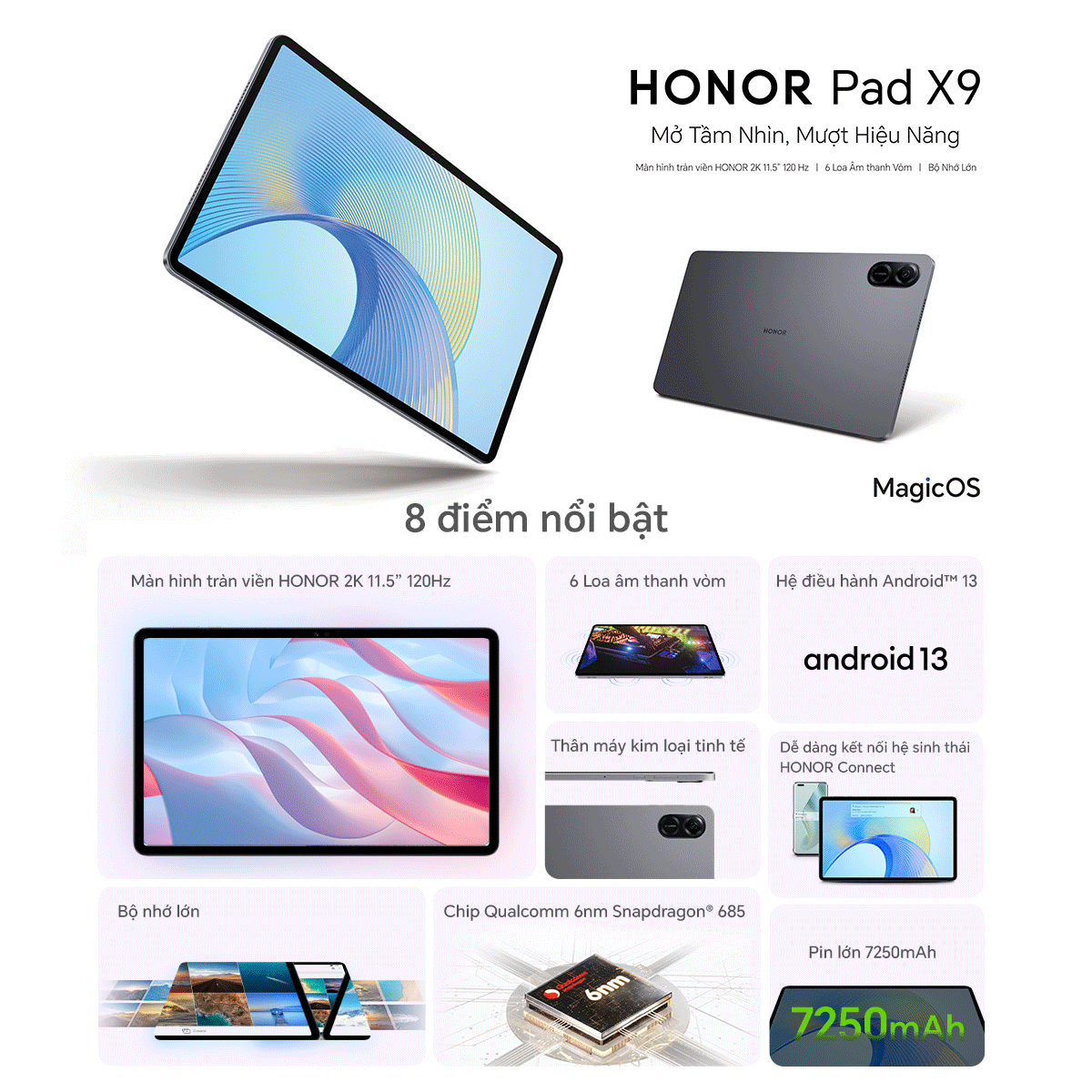 Thiết kế mặt lưng và khung kim loại của HONOR Pad X9