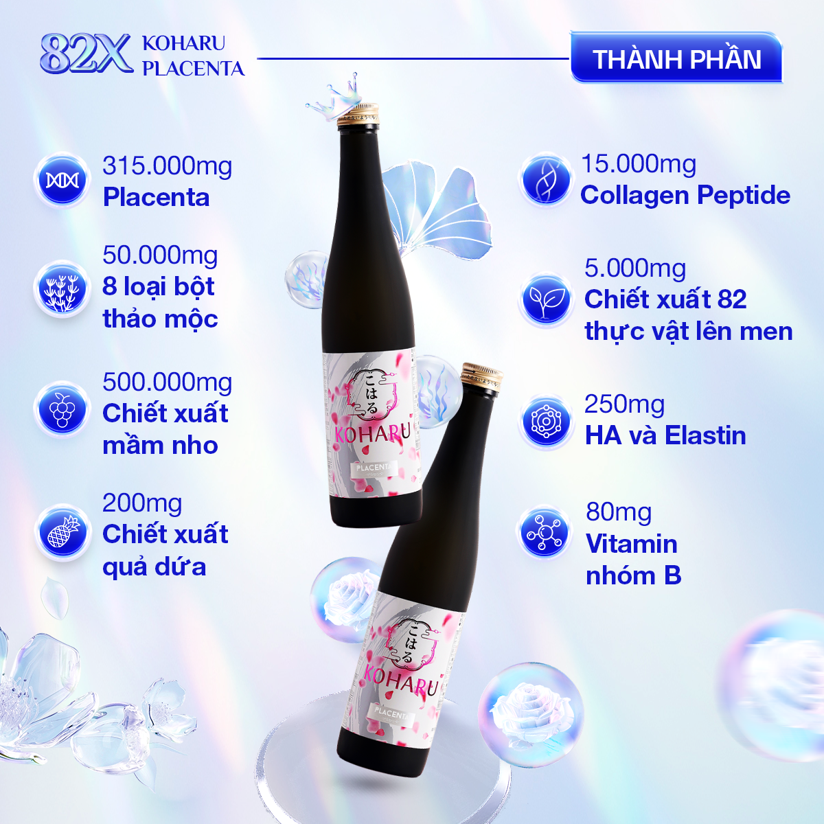 Mô tả Combo 2 Chai Nước Uống Đẹp Da 82X Koharu Placenta Chứa 315.000mg Placenta Giúp Da Trắng Hồng, Ngừa Sạm Nám 500ml/Chai - 1