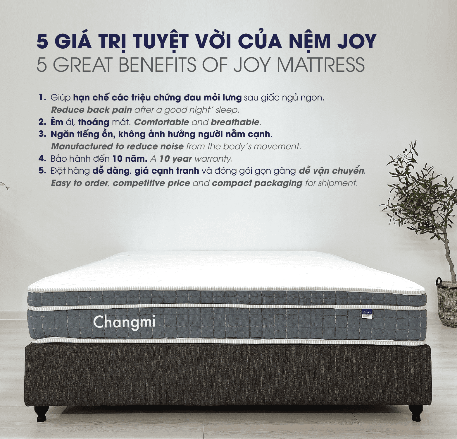 Mô tả Nệm lò xo túi độc lập JOY Changmi Bedding ép chân không tiện lợi, êm ái, nâng đỡ, ngăn đau mỏi lưng. Bảo hành 10 năm - 1