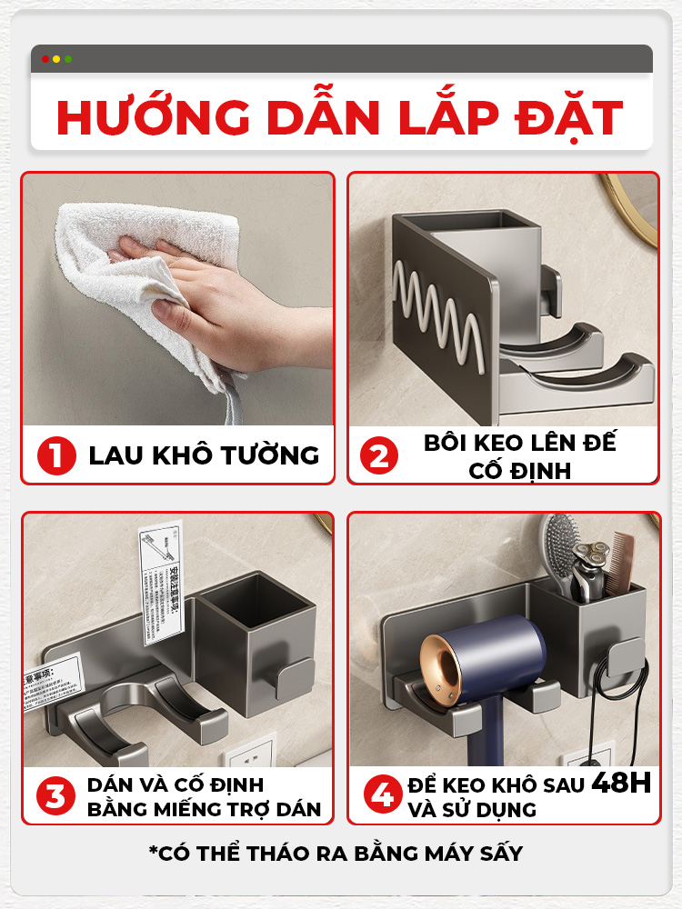 Mô tả Giá đỡ máy sấy tóc Enomax dán tường chắc chắn, Chất liệu Nhôm hàng không, tặng kèm keo dán. Bảo hành 10 năm (Eno-0401) - 9