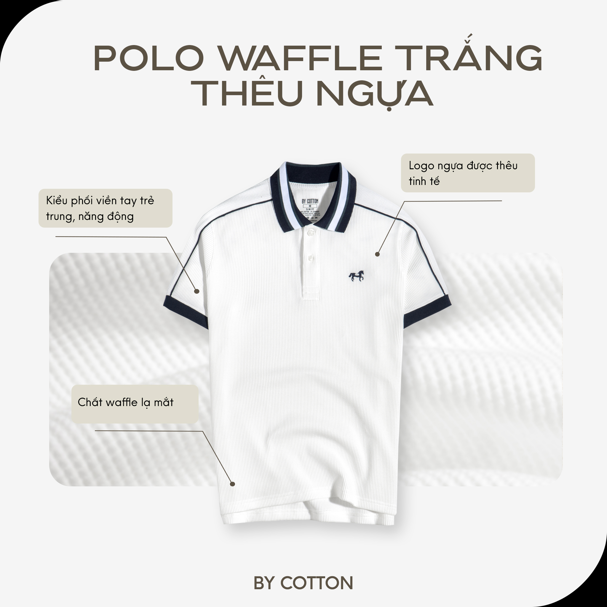 Mô tả Áo Thun Polo Nam Cao Cấp Waffle 2 Màu Trắng - Xanh Đen Thêu Ngựa BY COTTON - 1